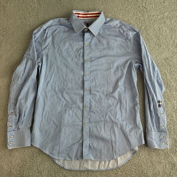Robert Graham Shirt Mens L Blue Striped Long Sleeve Button Up Cotton Flip Cuff - Picture 2 of 9